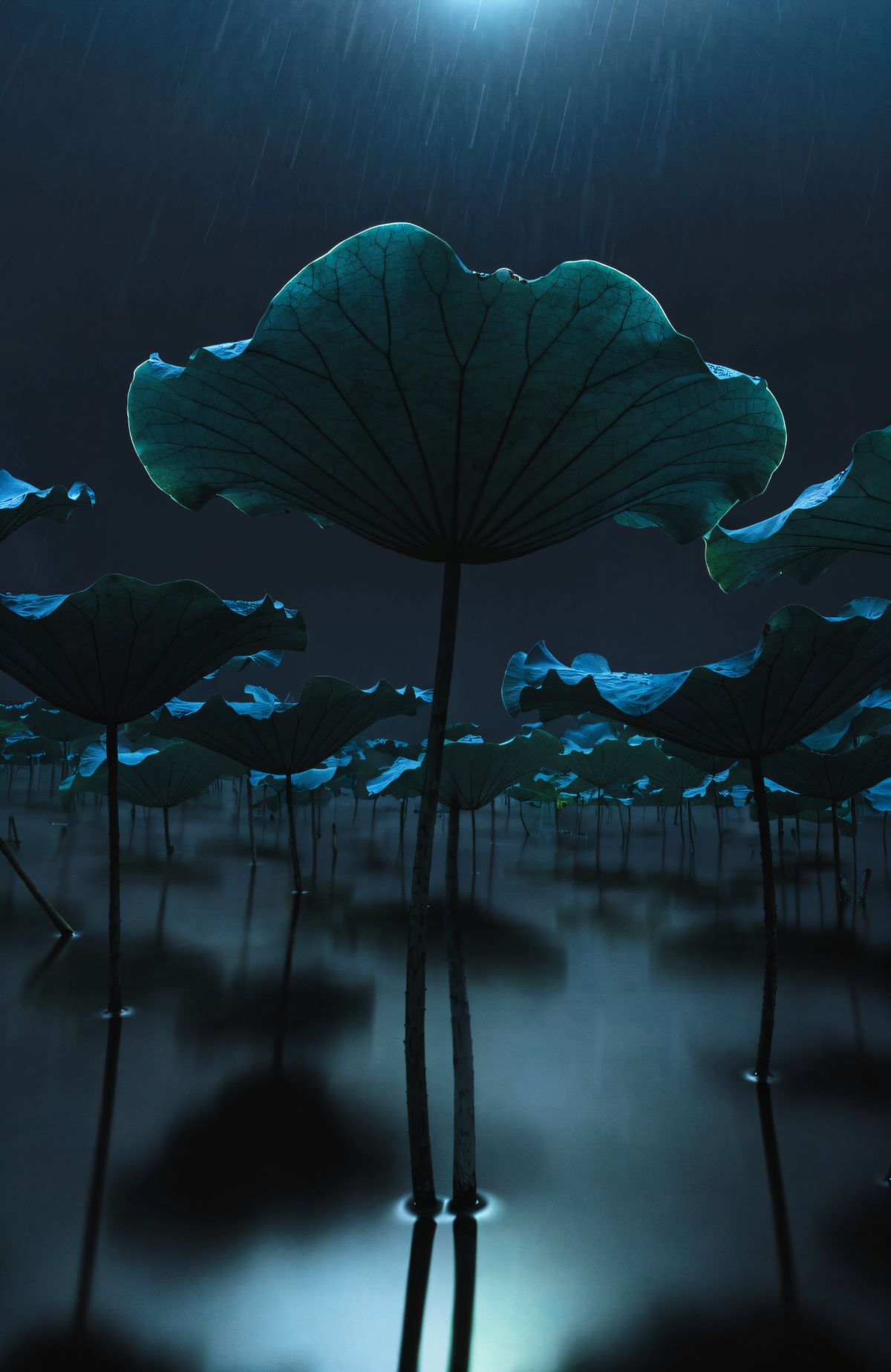 Blue lotus flowers at night
