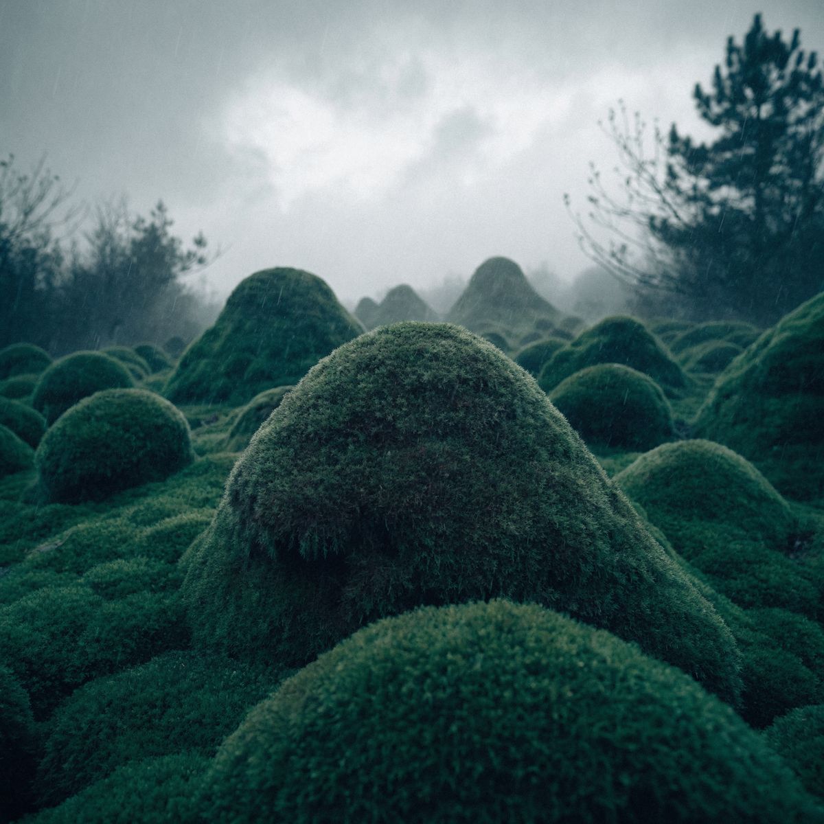 Mossy hills in fog