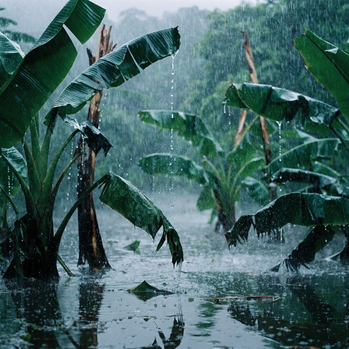 Banana plants in flooding rain