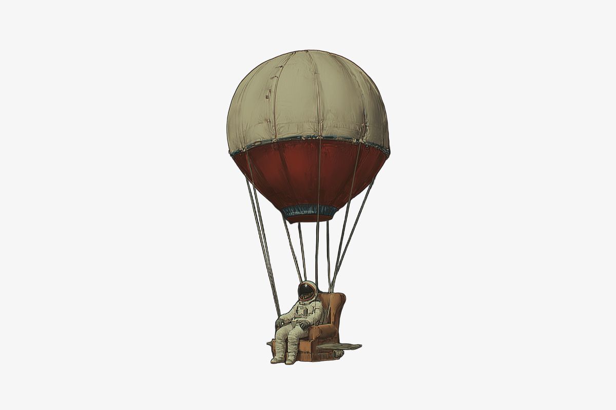 Astronaut sitting in an armchair suspended from a hot air balloon